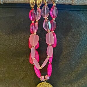 Vibrant Pink and Gold Double Strand Chunky Necklace